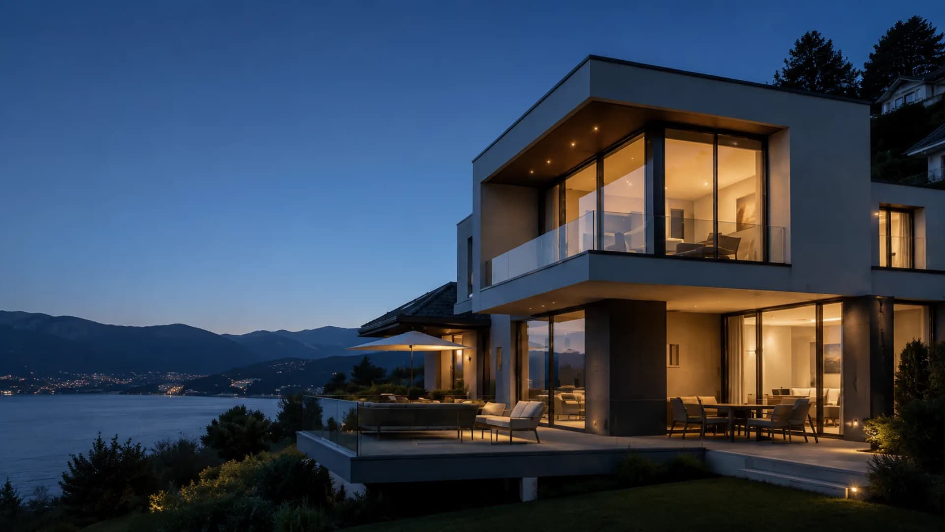 Architektenhaus am See in der blauen Stunde mit warm beleuchteten Innenräumen
